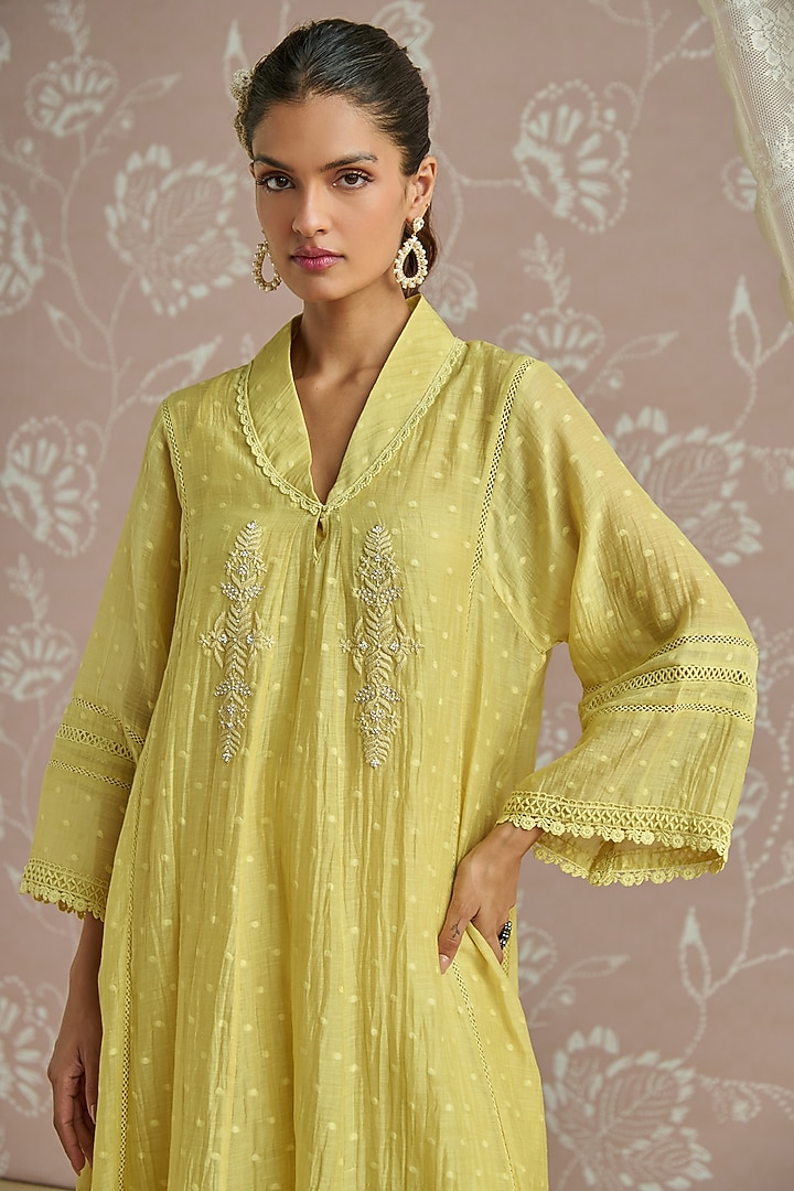 Lemon Yellow Chanderi Hand Embroidered Choga Kurta Set by Kritika Dawar at Pernia's Pop Up Shop