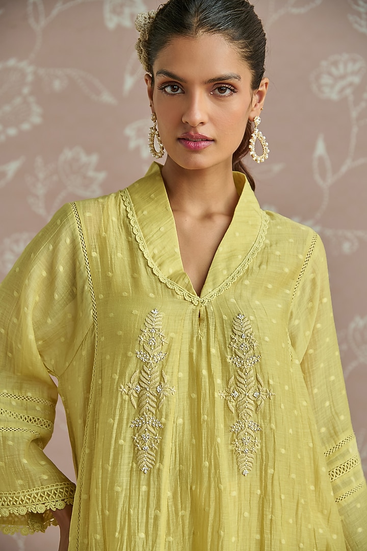 Lemon Yellow Chanderi Hand Embroidered Choga Kurta Set by Kritika Dawar at Pernia's Pop Up Shop