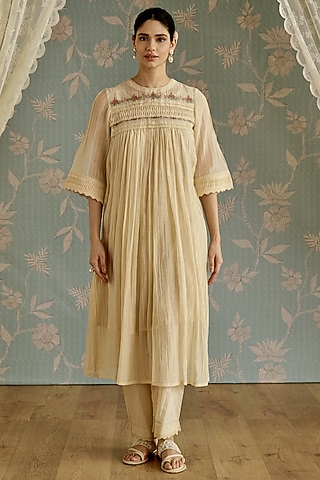 Ivory Chanderi Hand Embroidered Tunic Set by Kritika Dawar