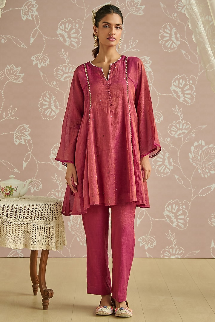 Magenta Tissue Hand Embellished Co-Ord Set by Kritika Dawar at Pernia's Pop Up Shop