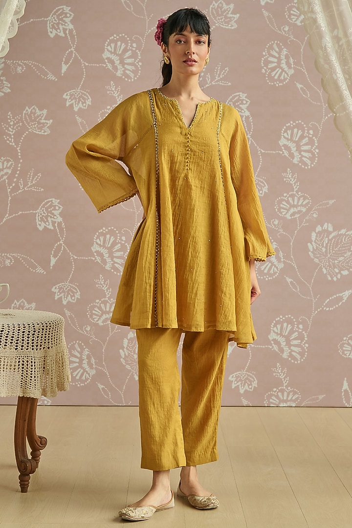 Mustard Tissue Hand Embellished Co-Ord Set by Kritika Dawar at Pernia's Pop Up Shop