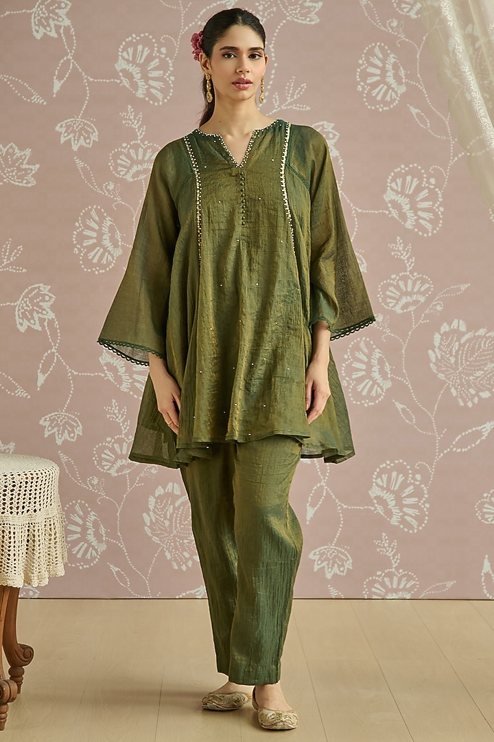 Teal Tissue Hand Embellished Co-Ord Set by Kritika Dawar at Pernia's Pop Up Shop