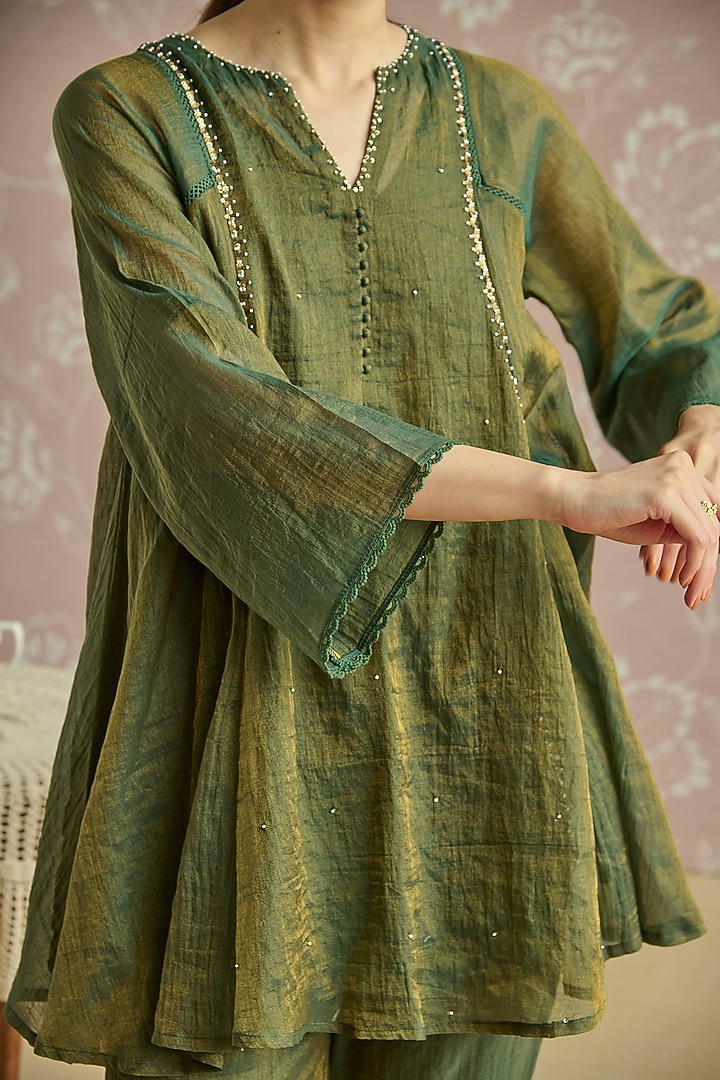 Teal Tissue Hand Embellished Co-Ord Set by Kritika Dawar at Pernia's Pop Up Shop