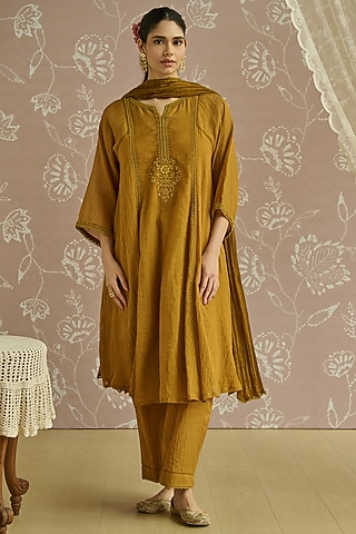 Mustard Tissue Hand Embroidered A-Line Kurta Set by Kritika Dawar