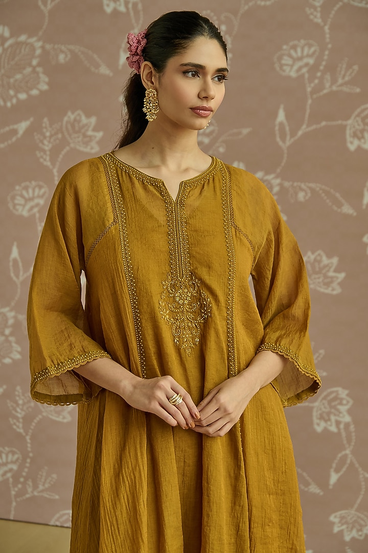 Mustard Tissue Hand Embroidered A-Line Kurta Set by Kritika Dawar at Pernia's Pop Up Shop