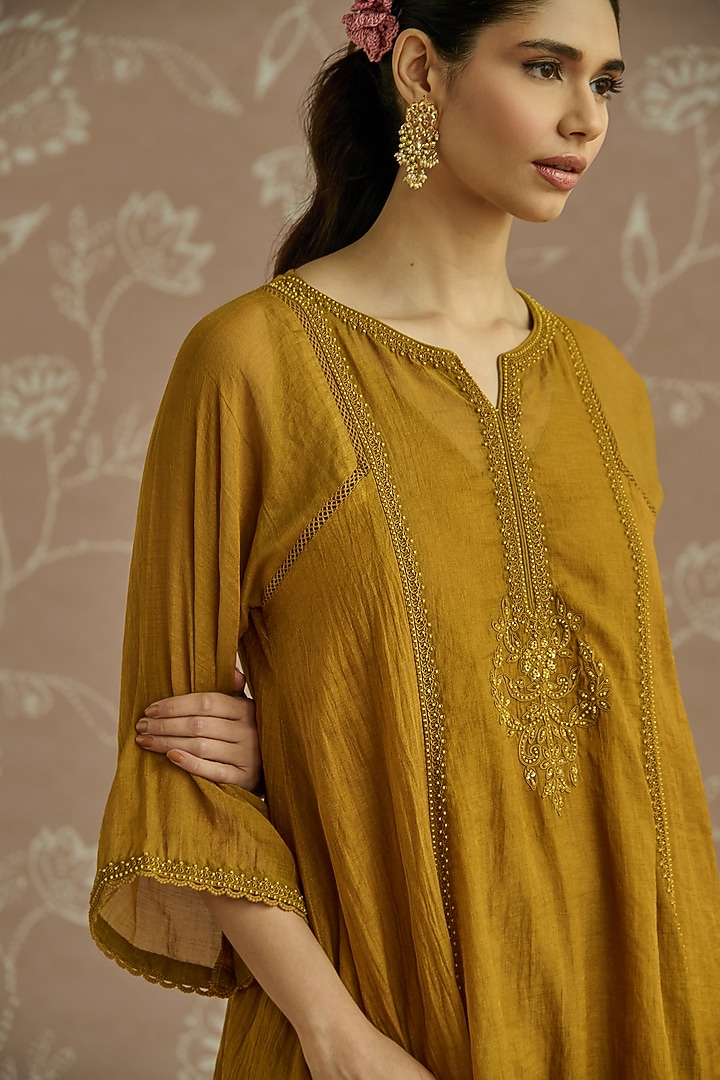 Mustard Tissue Hand Embroidered A-Line Kurta Set by Kritika Dawar at Pernia's Pop Up Shop