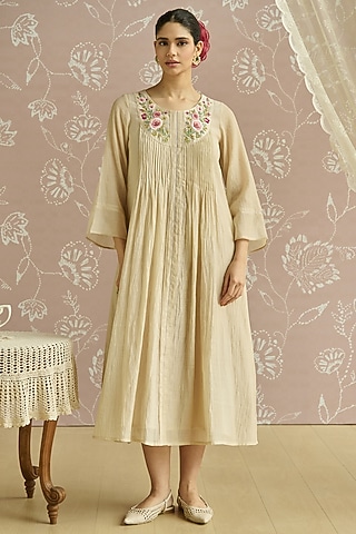 Ivory Chanderi Embroidered Tunic by Kritika Dawar