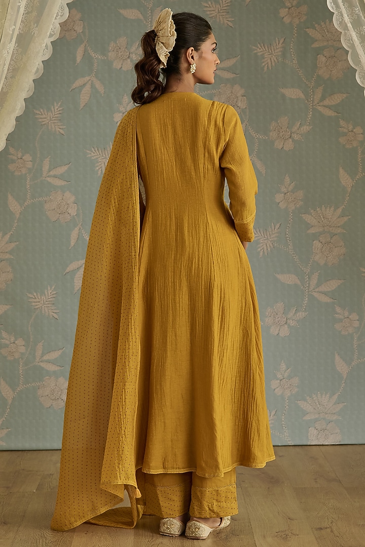 Mustard Chanderi Hand Embroidered A-Line Gathered Kurta Set by Kritika Dawar at Pernia's Pop Up Shop