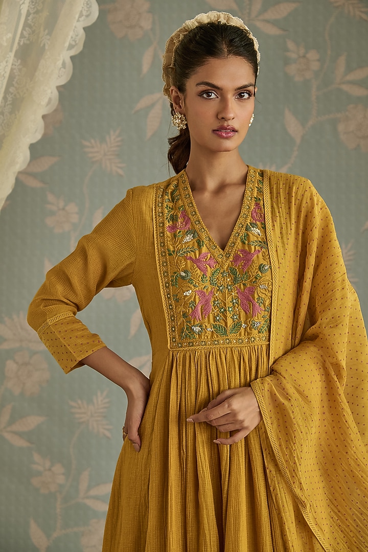 Mustard Chanderi Hand Embroidered A-Line Gathered Kurta Set by Kritika Dawar at Pernia's Pop Up Shop