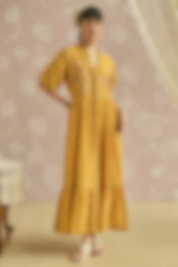 Yellow Chanderi Hand Embroidered Tunic Vacation Dress by Kritika Dawar at Pernia's Pop Up Shop