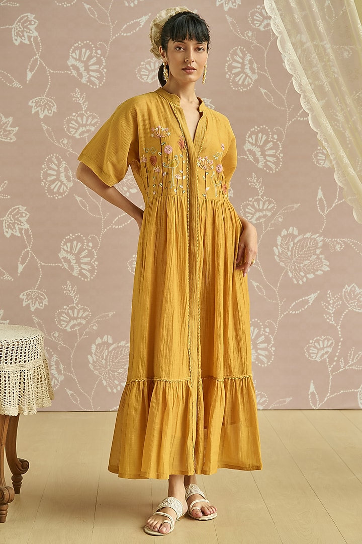 Yellow Chanderi Hand Embroidered Tunic Vacation Dress by Kritika Dawar at Pernia's Pop Up Shop