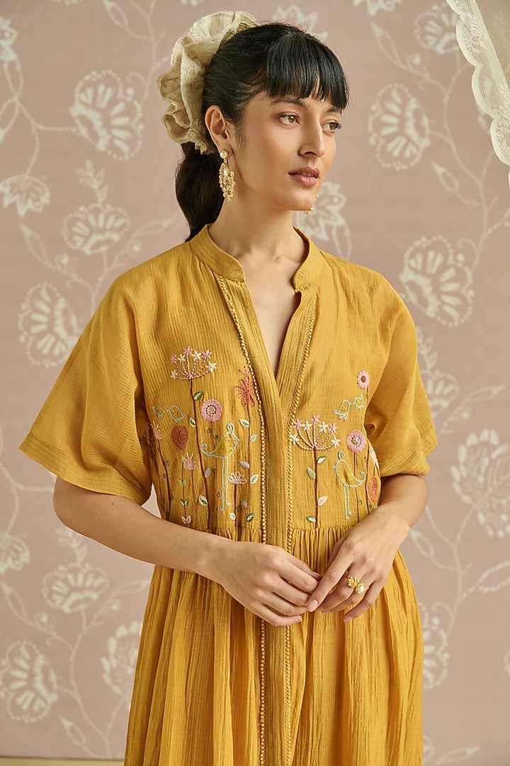 Yellow Chanderi Hand Embroidered Tunic Vacation Dress by Kritika Dawar at Pernia's Pop Up Shop