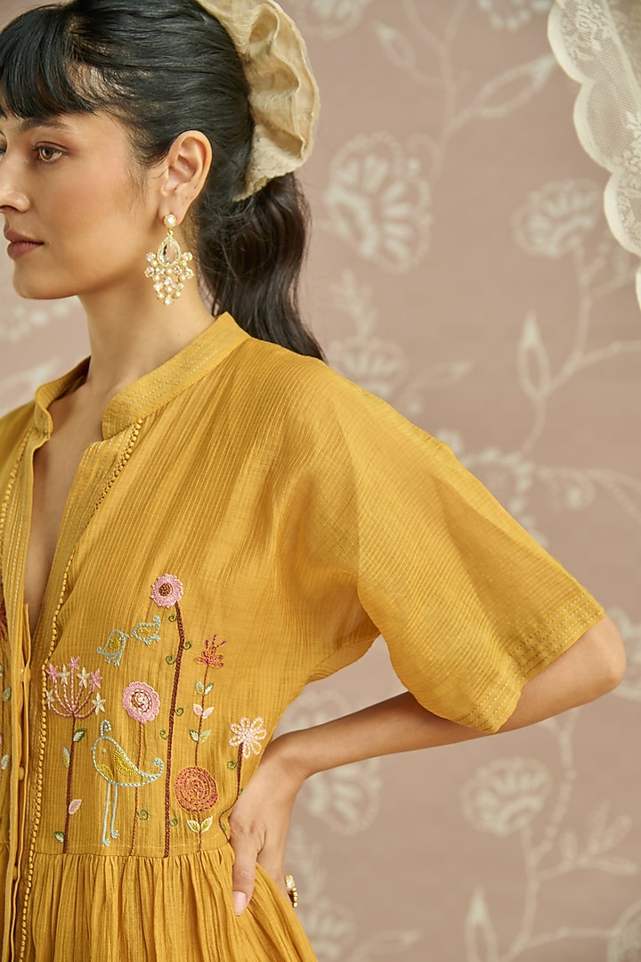 Yellow Chanderi Hand Embroidered Tunic Vacation Dress by Kritika Dawar at Pernia's Pop Up Shop