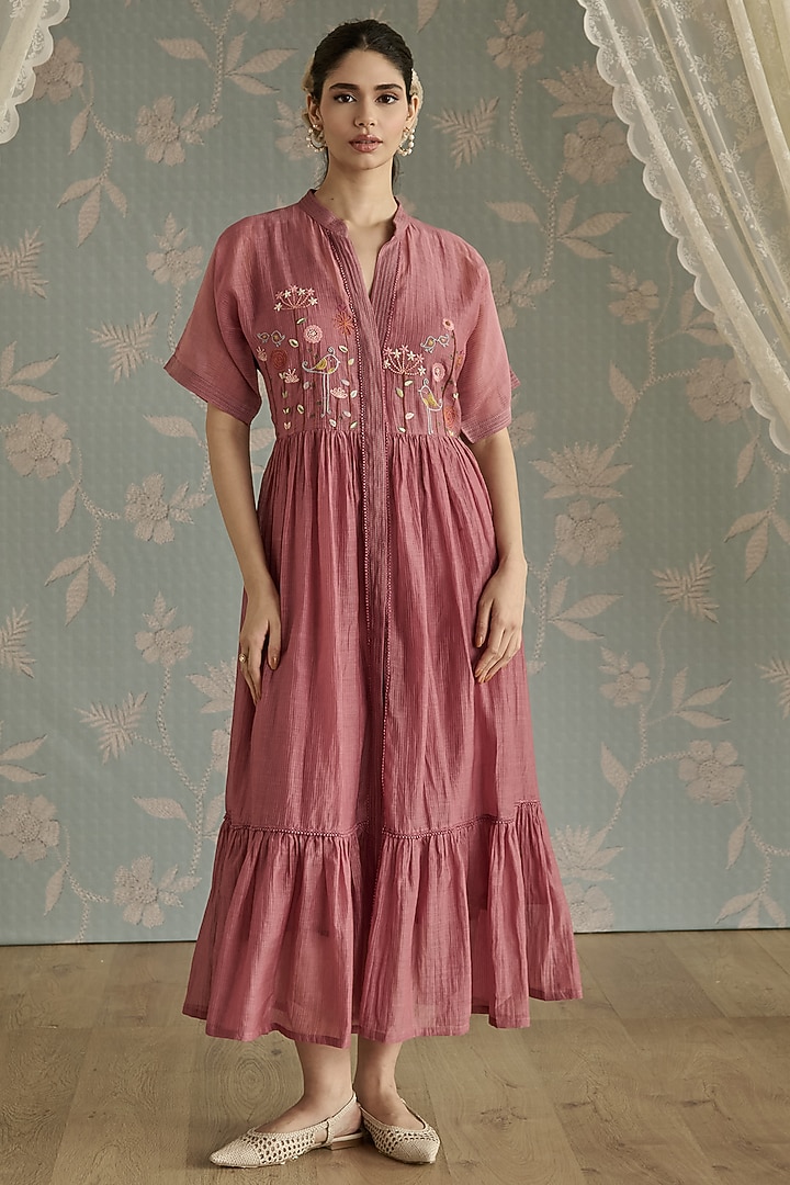 Blush Chanderi Hand Embroidered Tunic Vacation Dress by Kritika Dawar at Pernia's Pop Up Shop
