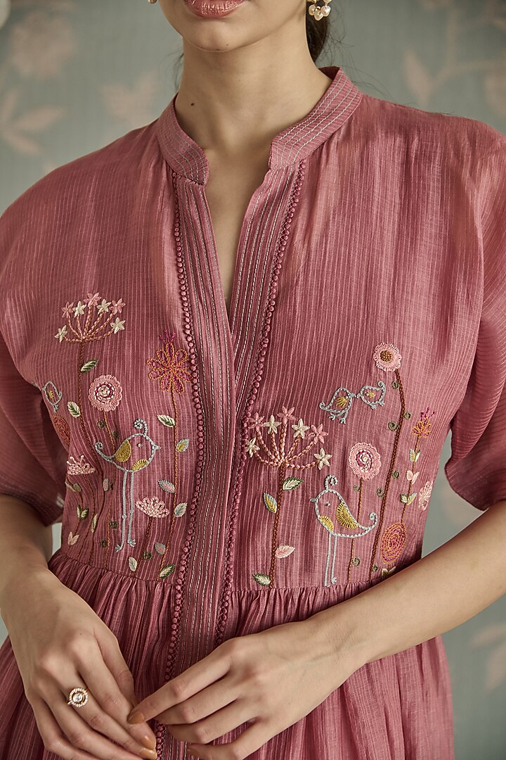 Blush Chanderi Hand Embroidered Tunic Vacation Dress by Kritika Dawar at Pernia's Pop Up Shop