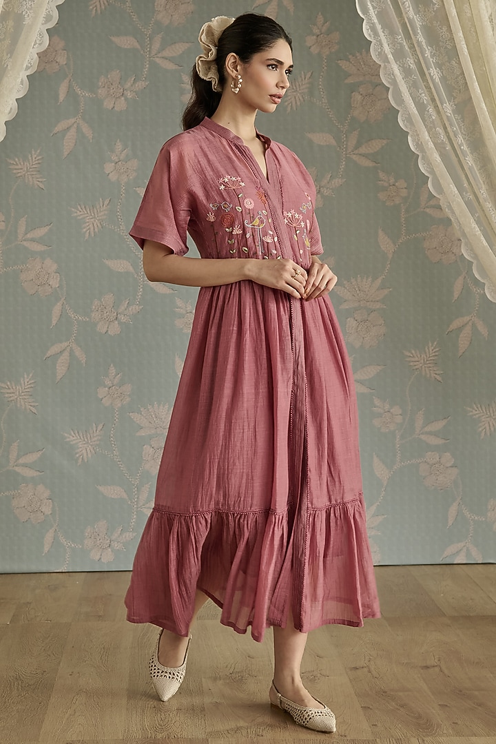 Blush Chanderi Hand Embroidered Tunic Vacation Dress by Kritika Dawar at Pernia's Pop Up Shop