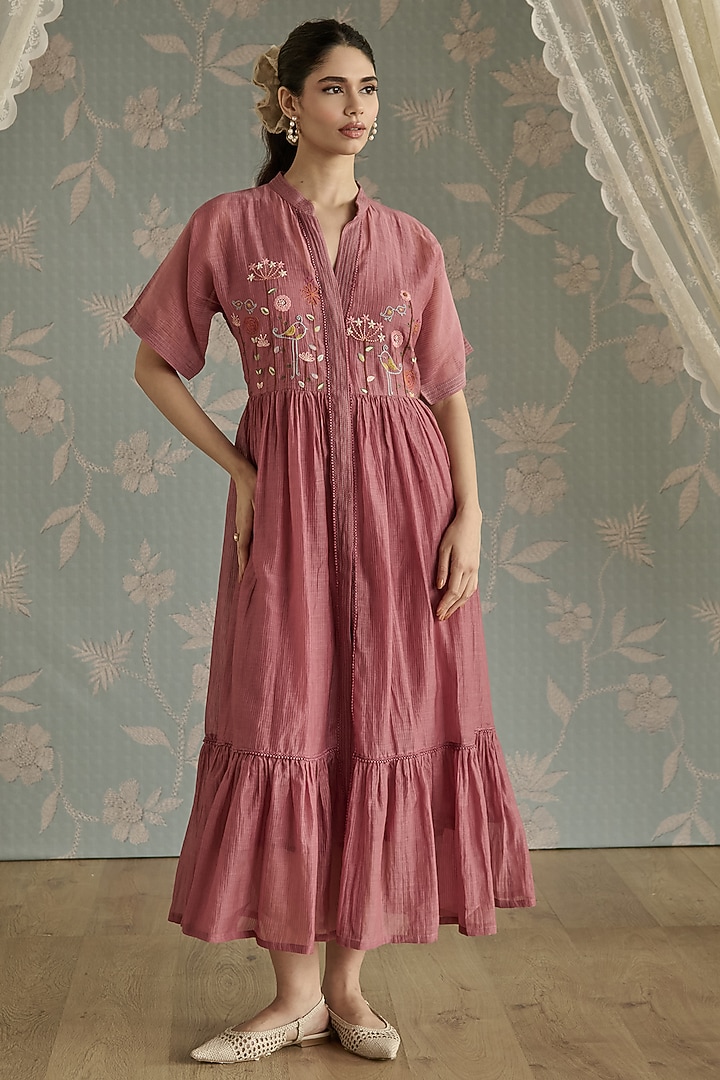 Blush Chanderi Hand Embroidered Tunic Vacation Dress by Kritika Dawar at Pernia's Pop Up Shop