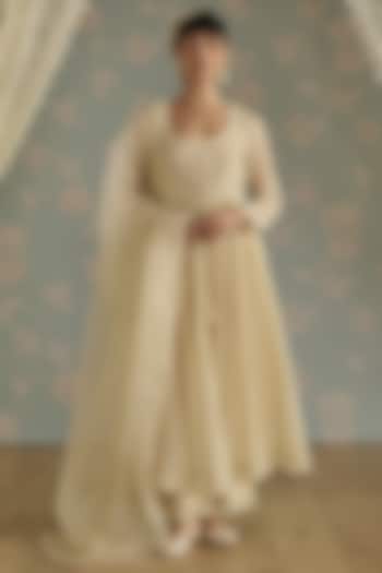 Ivory Chanderi Sequins Embroidered Party Wear Anarkali Set by Kritika Dawar at Pernia's Pop Up Shop