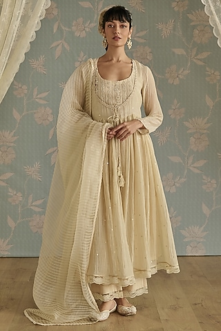 Ivory Chanderi Sequins Embroidered Anarkali Set by Kritika Dawar