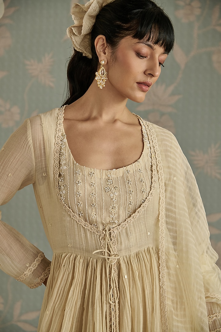 Ivory Chanderi Sequins Embroidered Party Wear Anarkali Set by Kritika Dawar at Pernia's Pop Up Shop