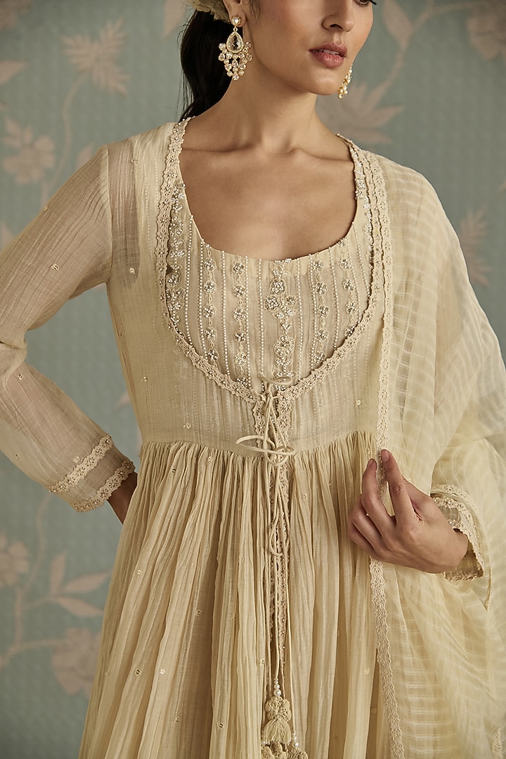 Ivory Chanderi Sequins Embroidered Party Wear Anarkali Set by Kritika Dawar at Pernia's Pop Up Shop