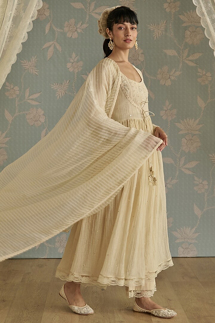 Ivory Chanderi Sequins Embroidered Party Wear Anarkali Set by Kritika Dawar at Pernia's Pop Up Shop