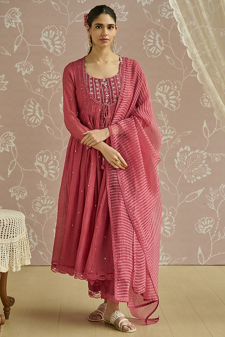 Coral Chanderi Sequins Embroidered Party Wear Anarkali Set by Kritika Dawar at Pernia's Pop Up Shop