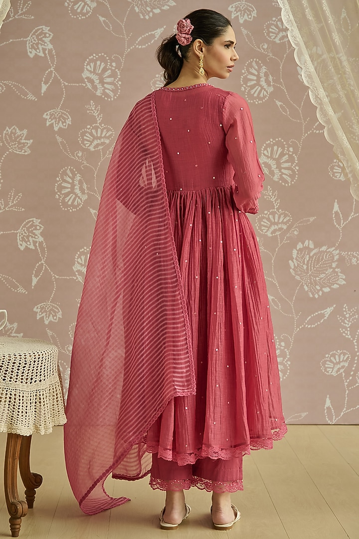 Coral Chanderi Sequins Embroidered Party Wear Anarkali Set by Kritika Dawar at Pernia's Pop Up Shop