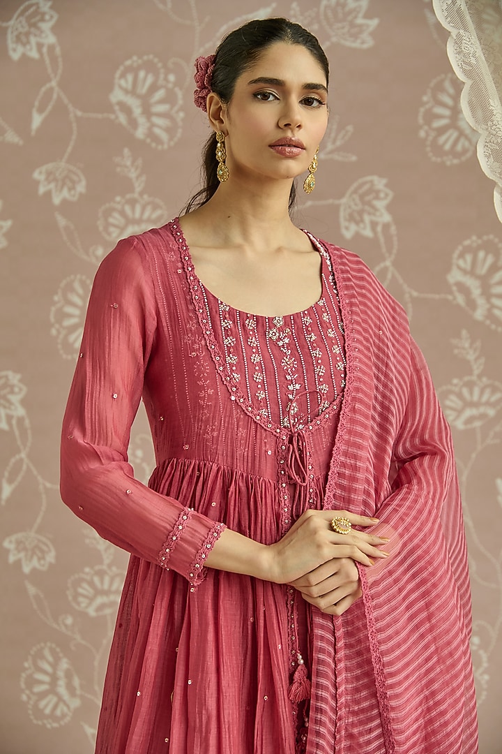 Coral Chanderi Sequins Embroidered Party Wear Anarkali Set by Kritika Dawar at Pernia's Pop Up Shop