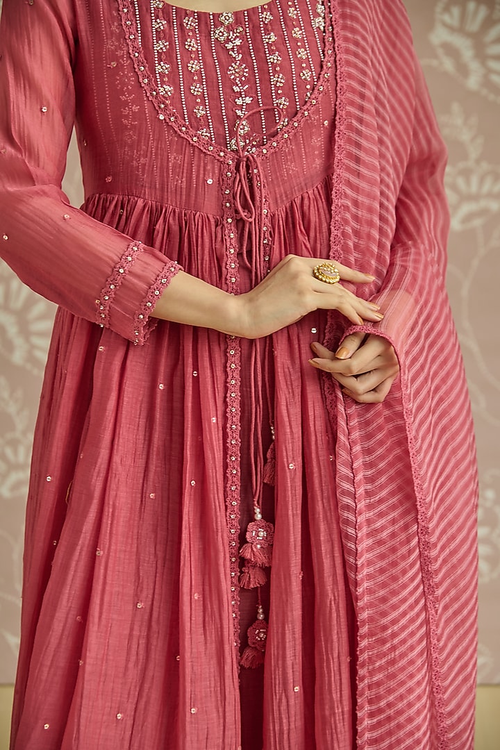 Coral Chanderi Sequins Embroidered Party Wear Anarkali Set by Kritika Dawar at Pernia's Pop Up Shop