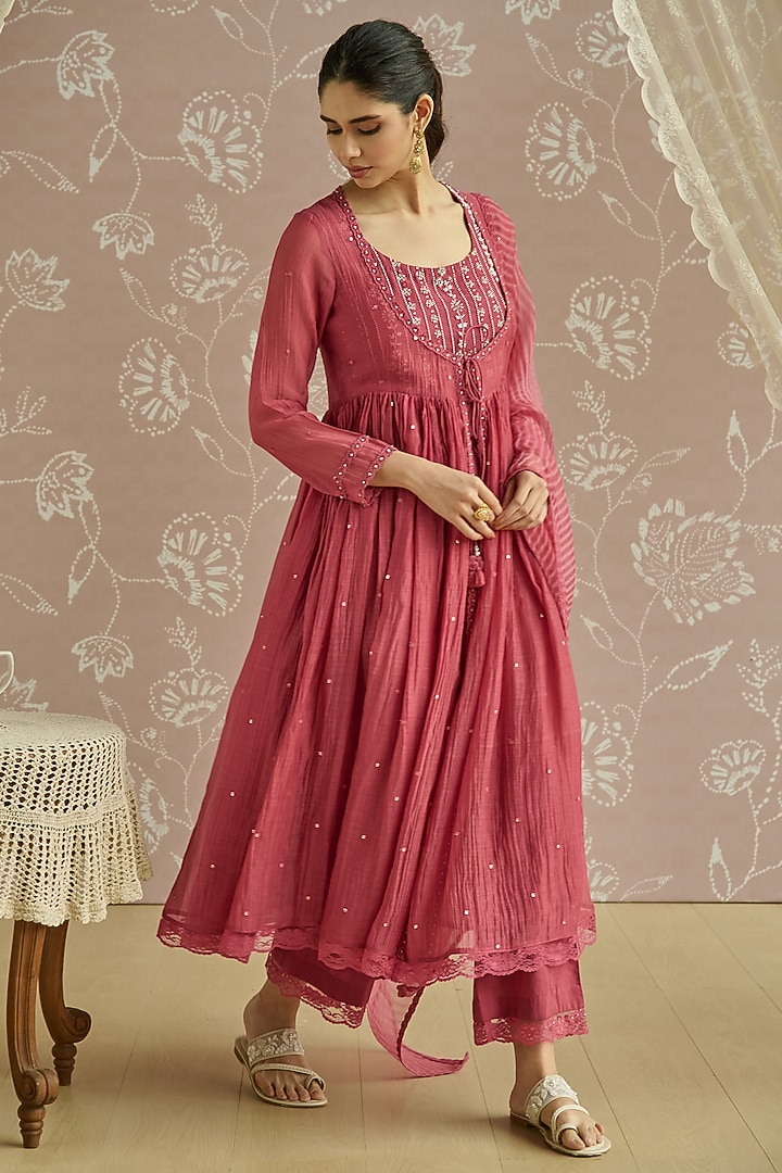 Coral Chanderi Sequins Embroidered Party Wear Anarkali Set by Kritika Dawar at Pernia's Pop Up Shop