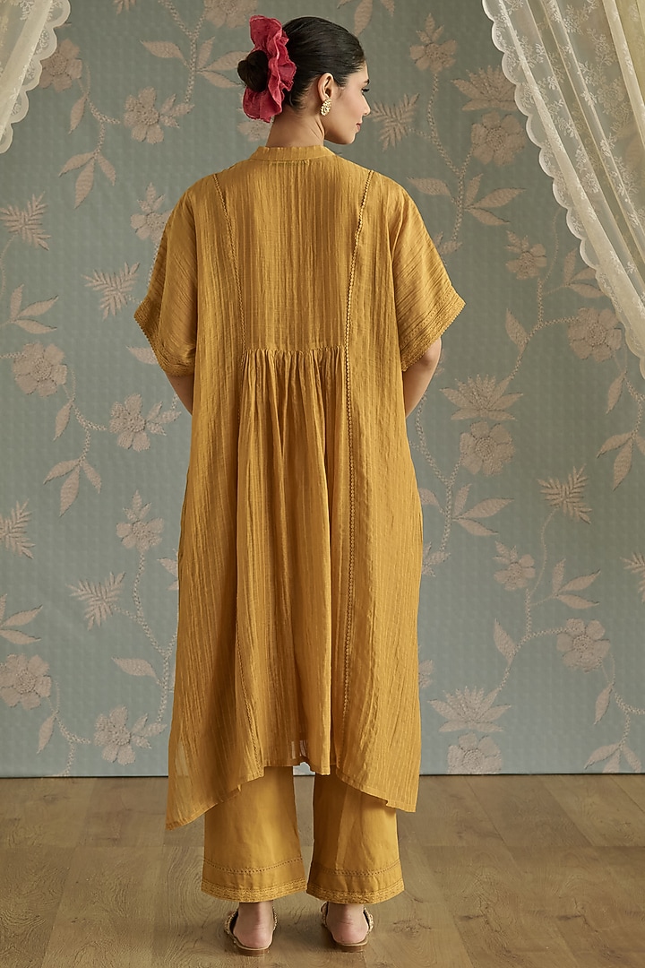 Mustard Yellow Chanderi Hand Embroidered Kaftan Set by Kritika Dawar at Pernia's Pop Up Shop