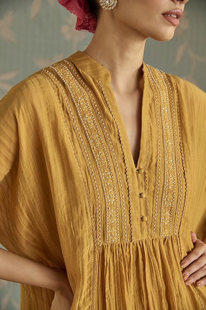 Mustard Yellow Chanderi Hand Embroidered Kaftan Set by Kritika Dawar at Pernia's Pop Up Shop