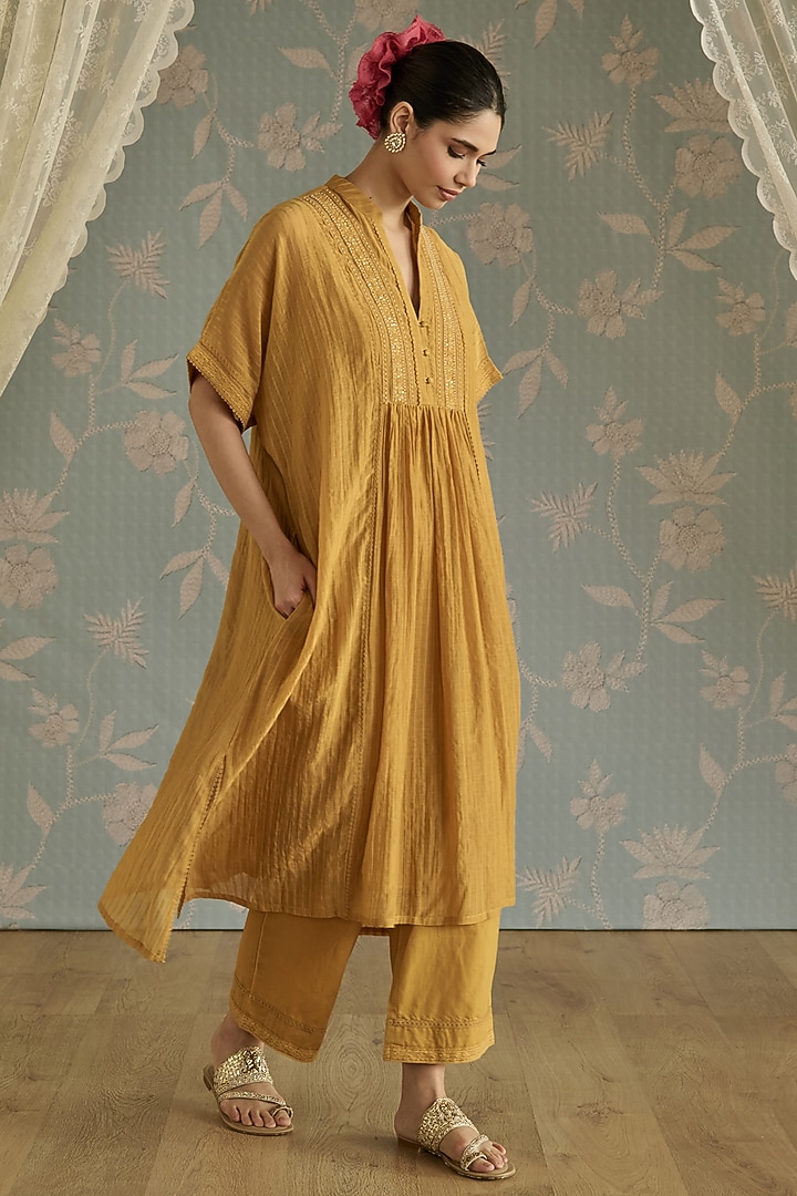 Mustard Yellow Chanderi Hand Embroidered Kaftan Set by Kritika Dawar at Pernia's Pop Up Shop
