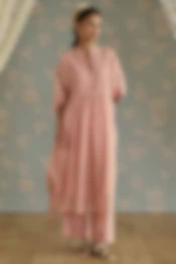 Pink Yellow Chanderi Hand Embroidered Kaftan Set by Kritika Dawar at Pernia's Pop Up Shop