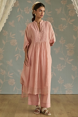 Pink Yellow Chanderi Hand Embroidered Kaftan Set by Kritika Dawar