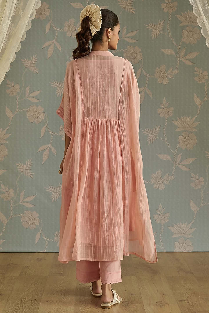 Pink Yellow Chanderi Hand Embroidered Kaftan Set by Kritika Dawar at Pernia's Pop Up Shop