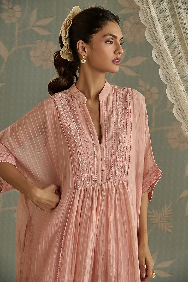 Pink Yellow Chanderi Hand Embroidered Kaftan Set by Kritika Dawar at Pernia's Pop Up Shop