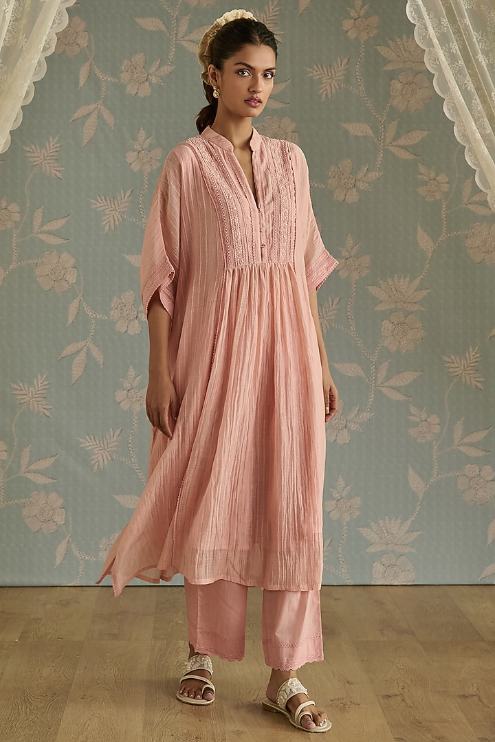 Pink Yellow Chanderi Hand Embroidered Kaftan Set by Kritika Dawar at Pernia's Pop Up Shop