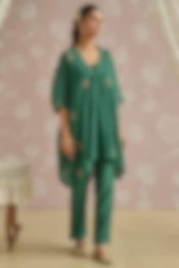 Teal Chanderi Hand Embroidered Co-Ord Set by Kritika Dawar at Pernia's Pop Up Shop