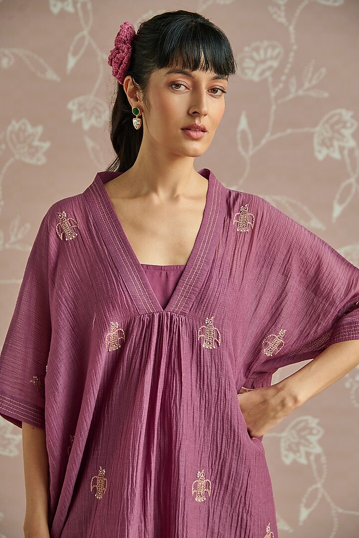 Wine Chanderi Hand Embroidered Co-Ord Set by Kritika Dawar at Pernia's Pop Up Shop