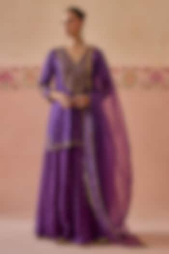 Purple Silk Chanderi Embroidered Wedding Sharara Set by Kritika Dawar at Pernia's Pop Up Shop
