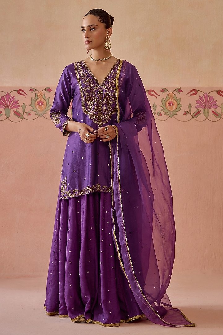 Purple Silk Chanderi Embroidered Wedding Sharara Set by Kritika Dawar at Pernia's Pop Up Shop