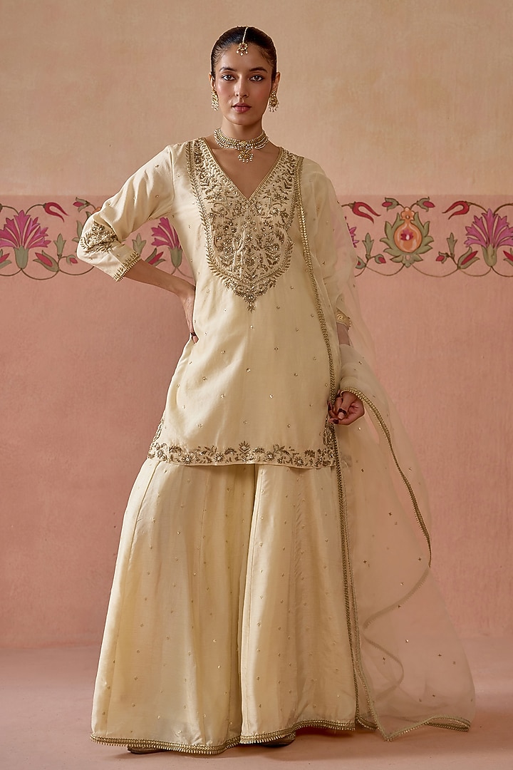 Ivory Silk Chanderi Wedding Sharara Set by Kritika Dawar at Pernia's Pop Up Shop