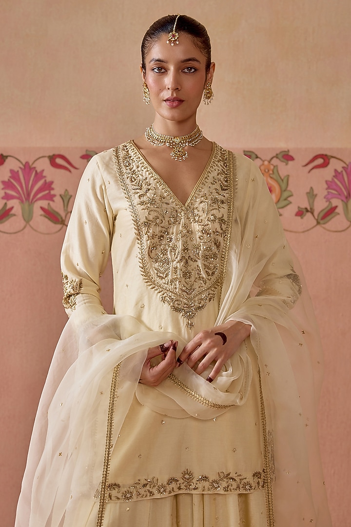 Ivory Silk Chanderi Wedding Sharara Set by Kritika Dawar at Pernia's Pop Up Shop
