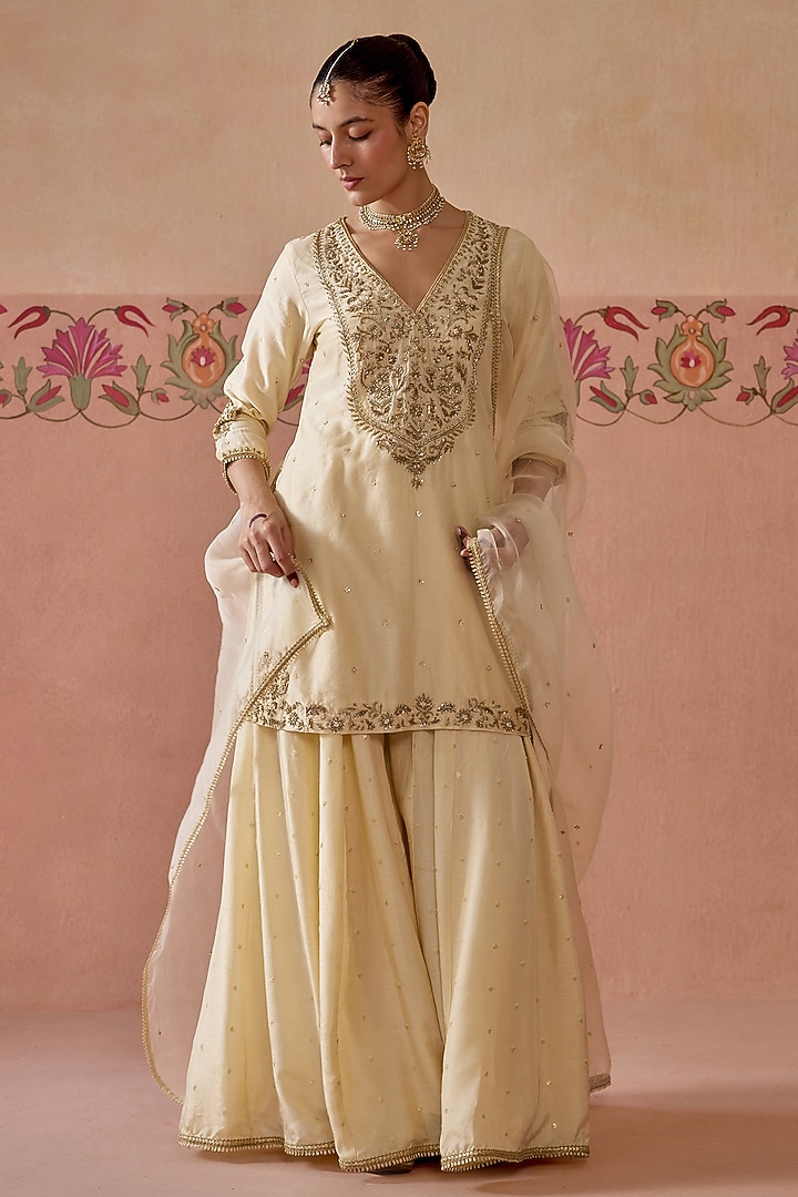 Ivory Silk Chanderi Wedding Sharara Set by Kritika Dawar at Pernia's Pop Up Shop