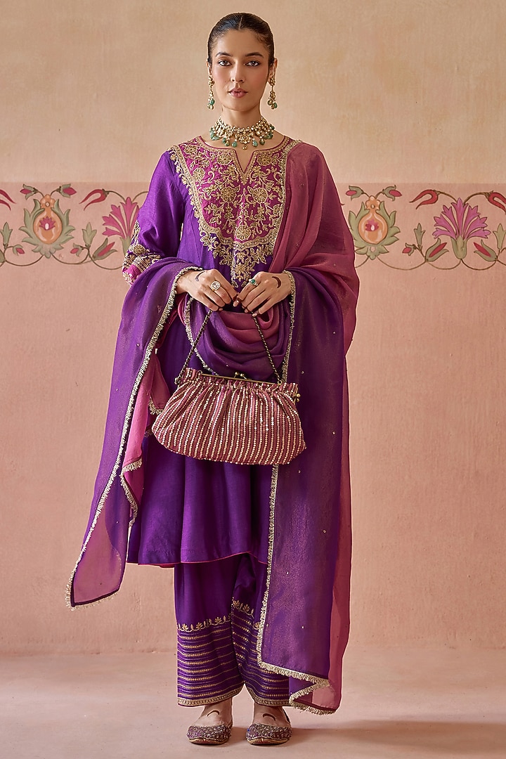 Purple Silk Dori Embroidered Kurta Set by Kritika Dawar at Pernia's Pop Up Shop