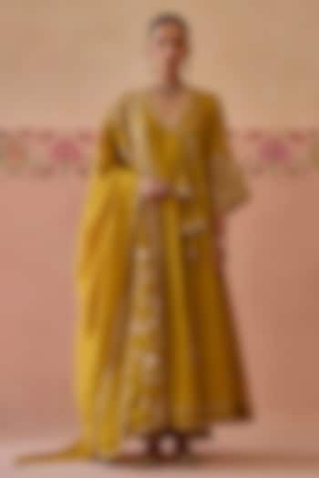 Mustard Tissue Chanderi Dori Embroidered Angrakha Party Wear Anarkali Set by Kritika Dawar at Pernia's Pop Up Shop