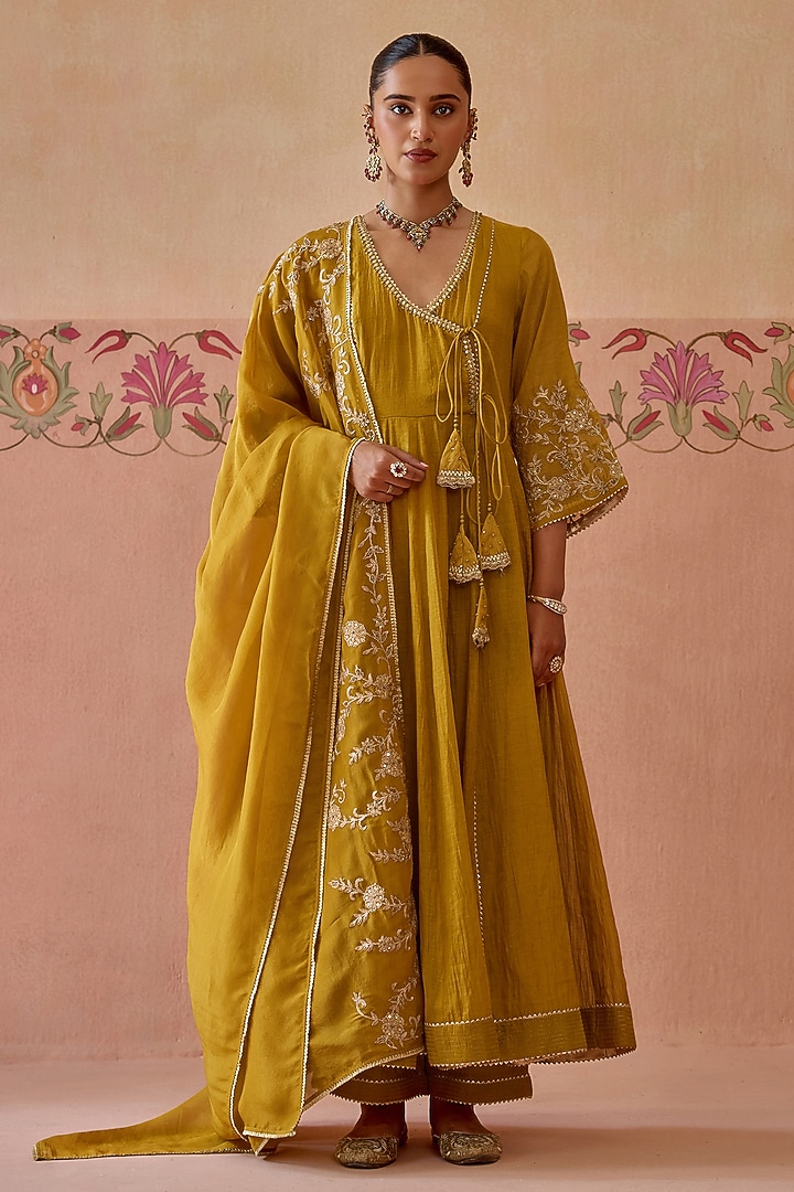 Mustard Tissue Chanderi Dori Embroidered Angrakha Party Wear Anarkali Set by Kritika Dawar at Pernia's Pop Up Shop