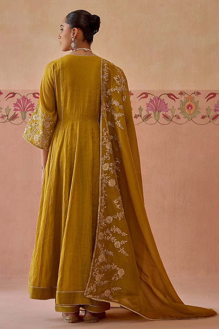 Mustard Tissue Chanderi Dori Embroidered Angrakha Party Wear Anarkali Set by Kritika Dawar at Pernia's Pop Up Shop